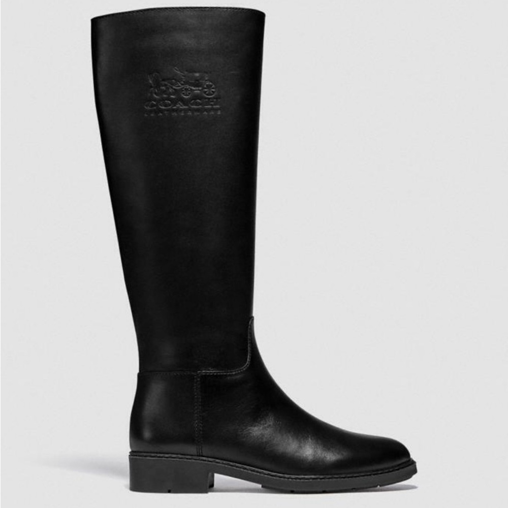 NWOT Coach Rilee Black Knee High Riding Boots Sleek Leather Design